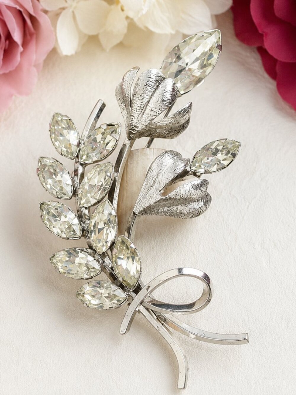 STAR-ART Sterling Crystal Floral Brooch~ Vintage Clear Rhinestone 925 Brooch